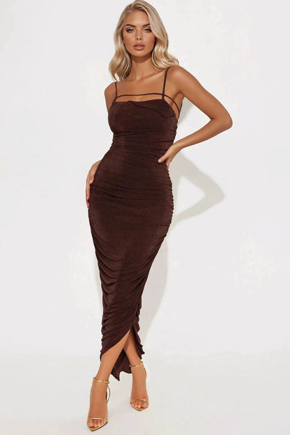 Slinky Sara Double Lined Midi Dress - Chocolate