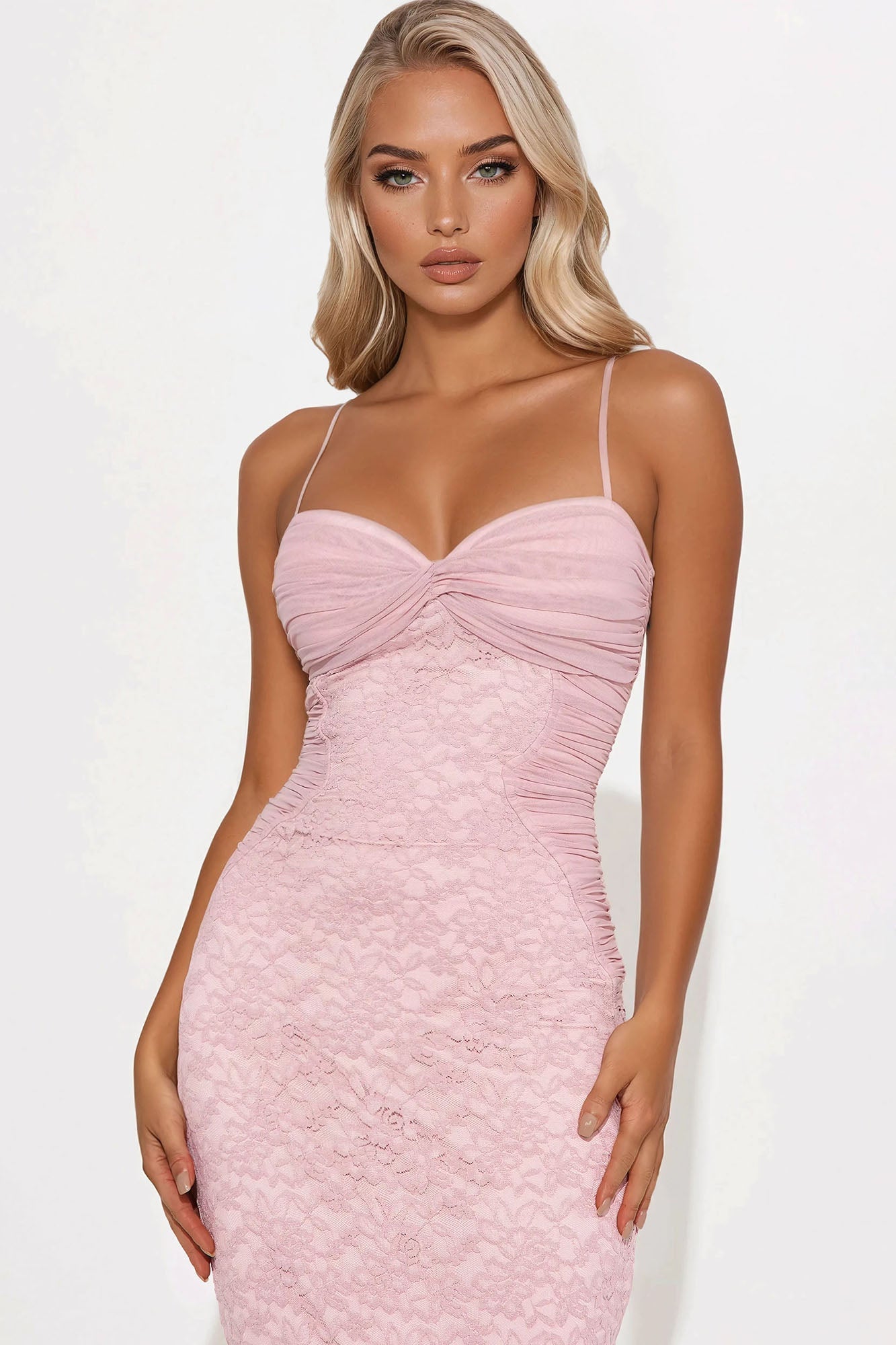 Jovanni Ruched Lace Midi Dress - Blush