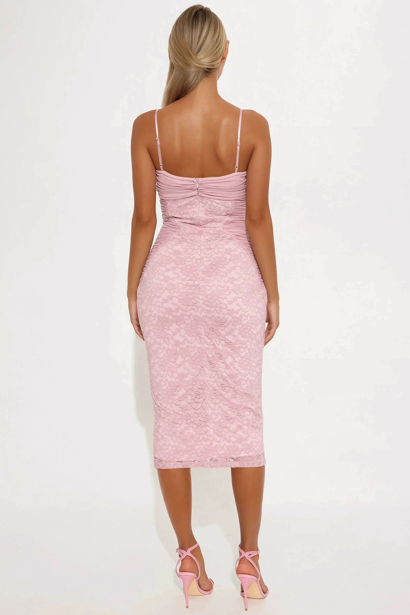 Jovanni Ruched Lace Midi Dress - Blush