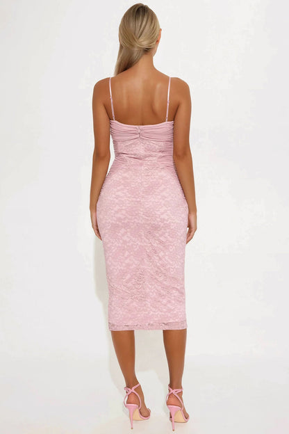 Jovanni Ruched Lace Midi Dress - Blush