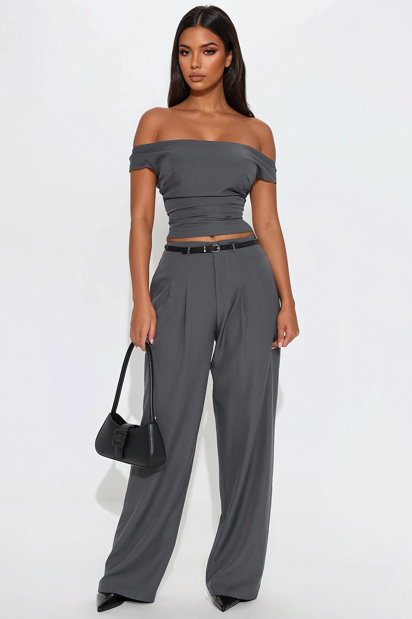 Carmela Off Shoulder Pant Set - Charcoal