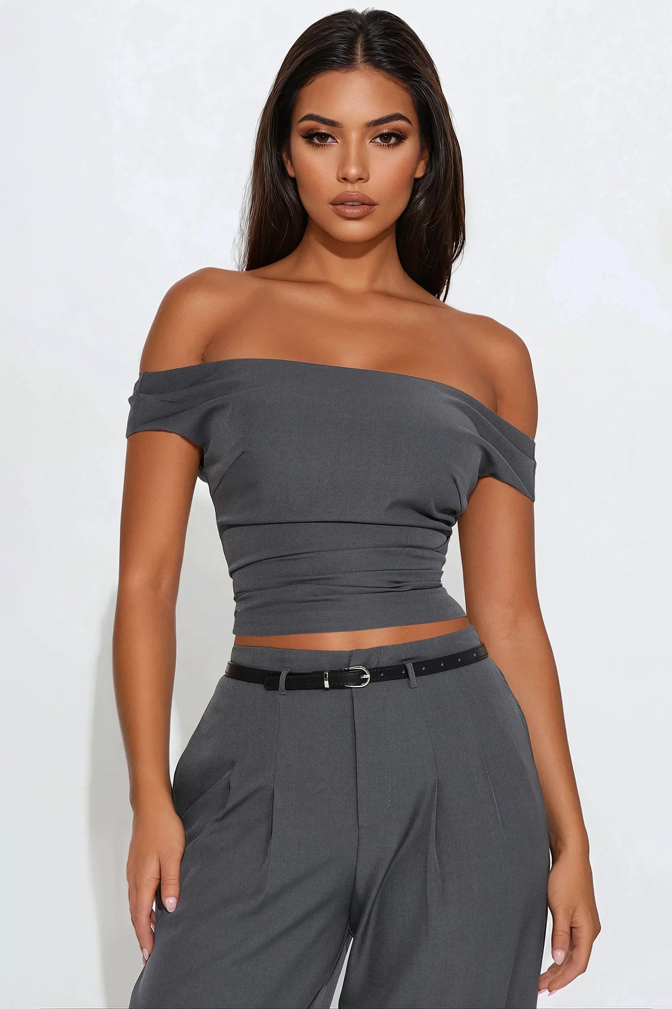 Carmela Off Shoulder Pant Set - Charcoal