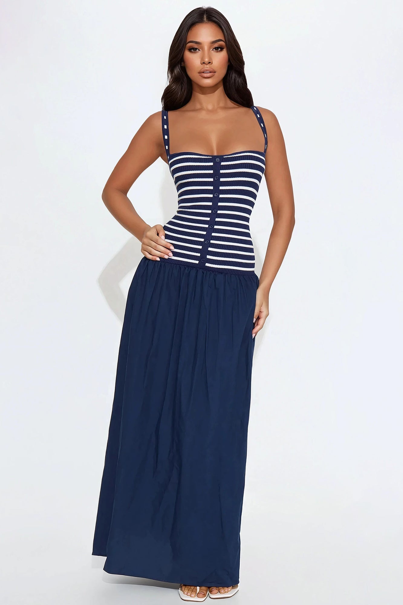 Cassidy Striped Drop Waist Maxi Dress - Navy/combo