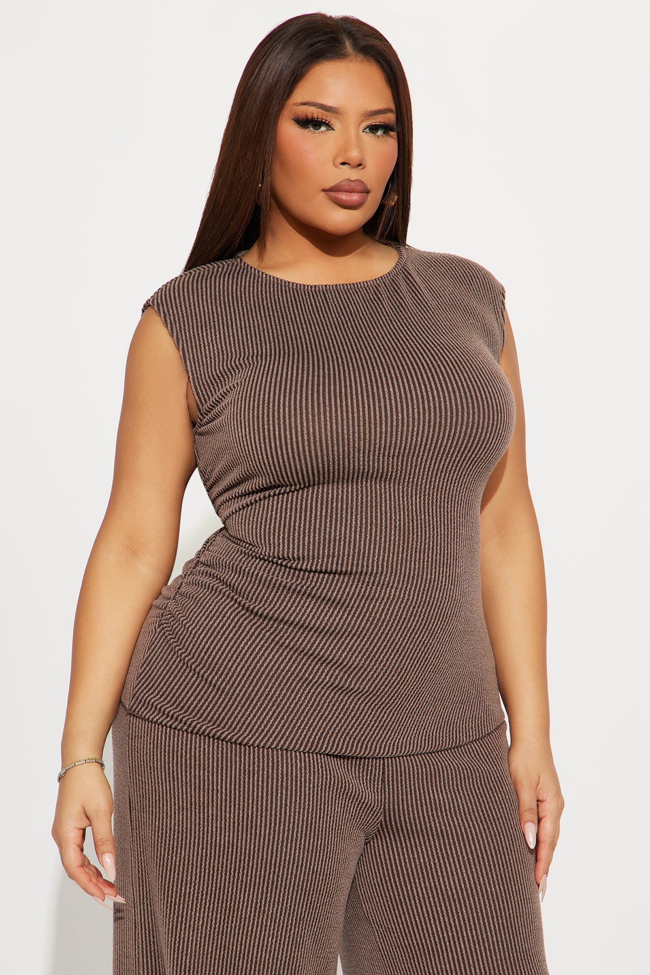 Amaya Ribbed Pant Set - Brown