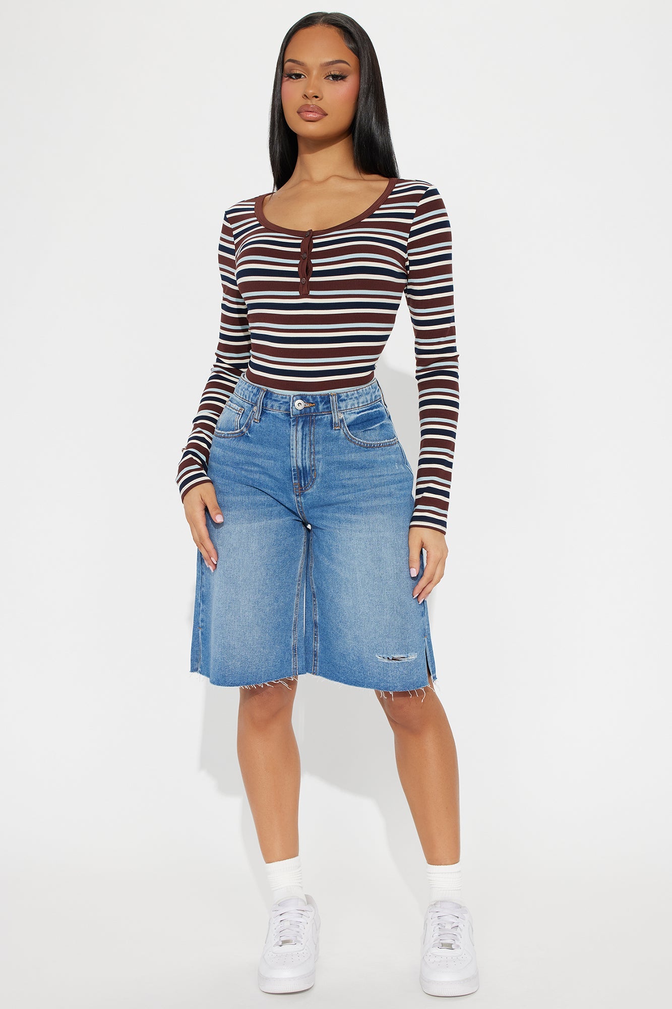 Draw The Line Ribbed Long Sleeve Henley Top - Chocolate/Combo