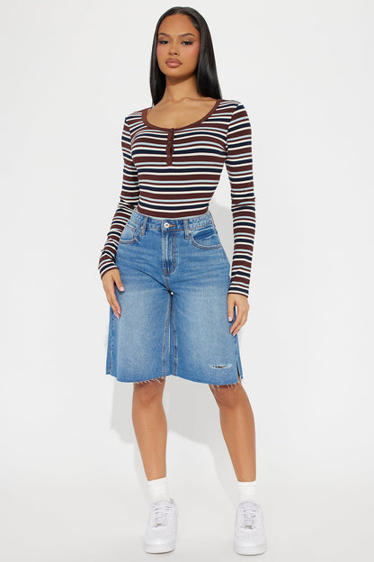 Draw The Line Ribbed Long Sleeve Henley Top - Chocolate/Combo