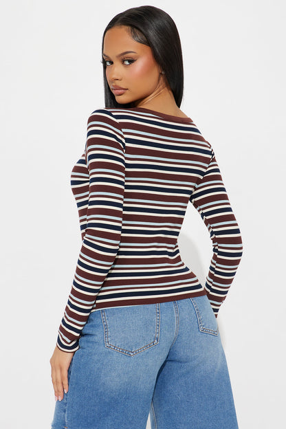 Draw The Line Ribbed Long Sleeve Henley Top - Chocolate/Combo