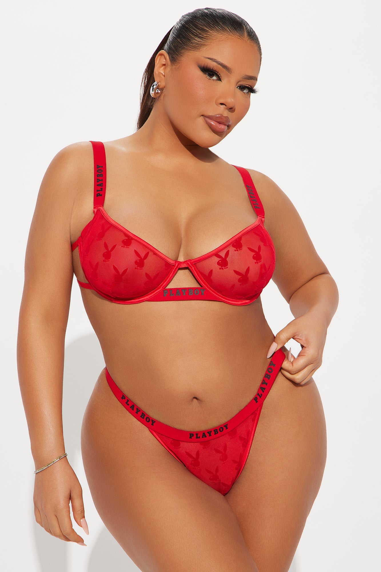 Burnout Bunny Underwire Bra And Thong 2 Piece Set  - Red
