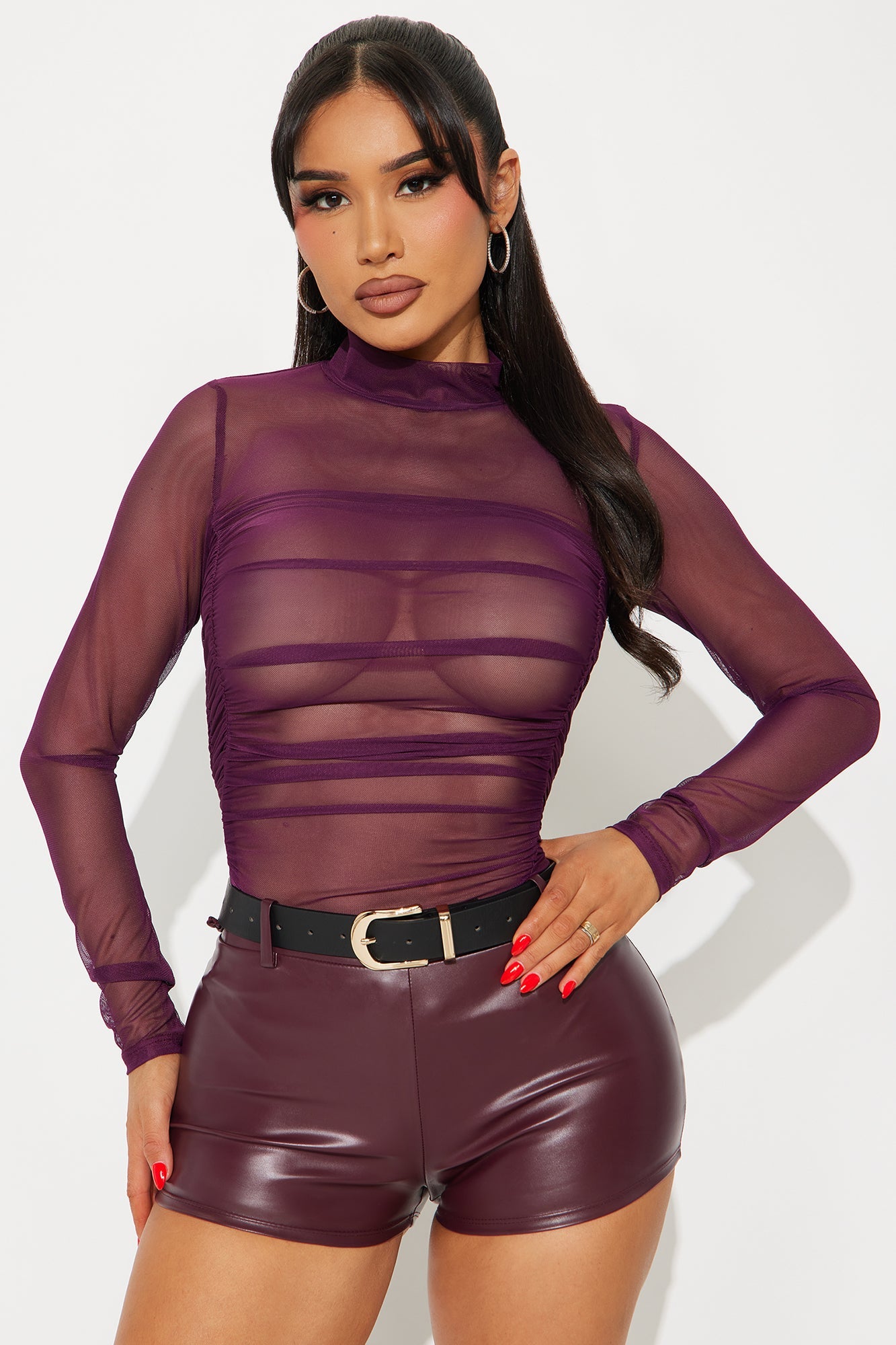 Amber Sheer Mesh  Long Sleeve Bodysuit - Plum