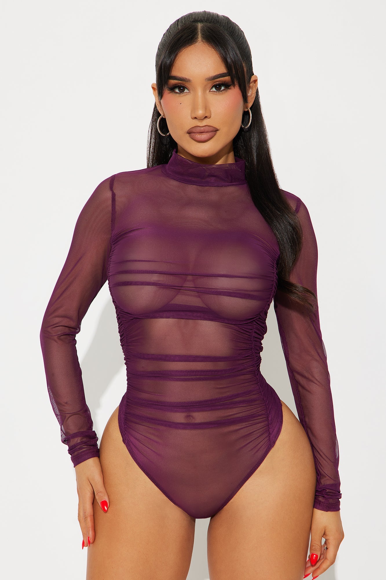 Amber Sheer Mesh  Long Sleeve Bodysuit - Plum