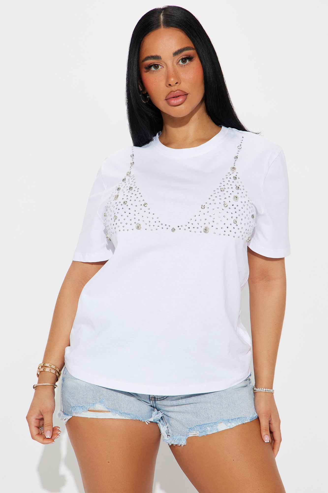 Nemi Rhinestone Short Sleeve Tee - White