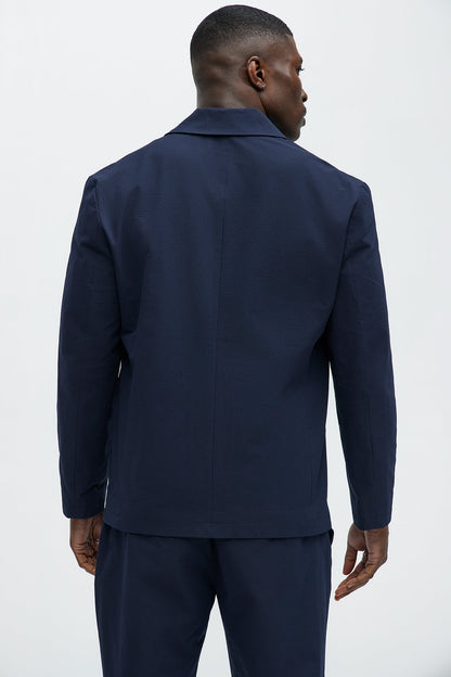 Seersucker Casual Blazer - Navy