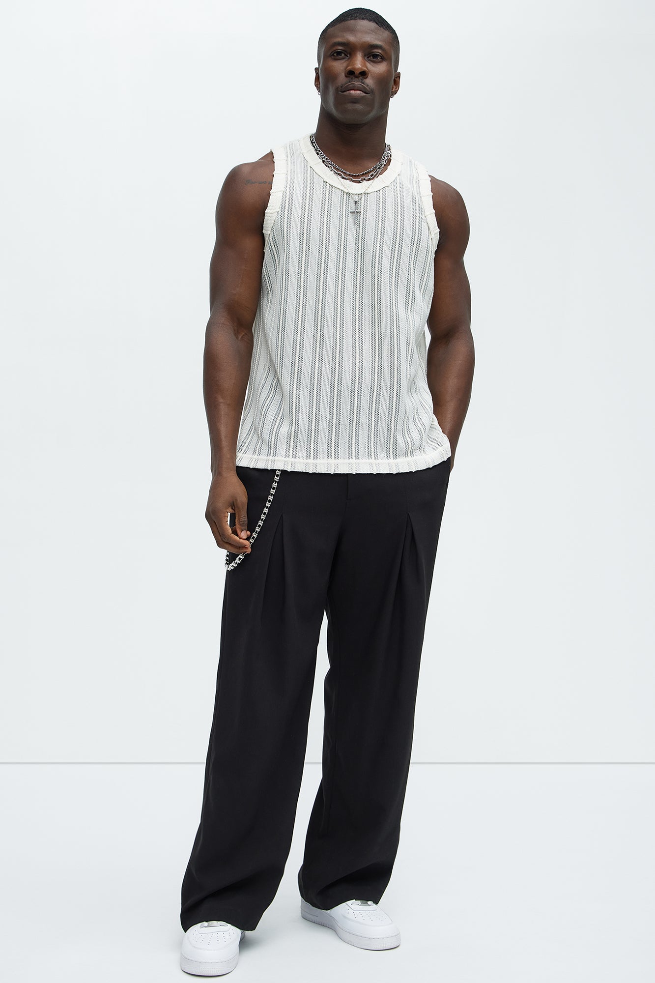 Striped Open Knit Tank - Cream