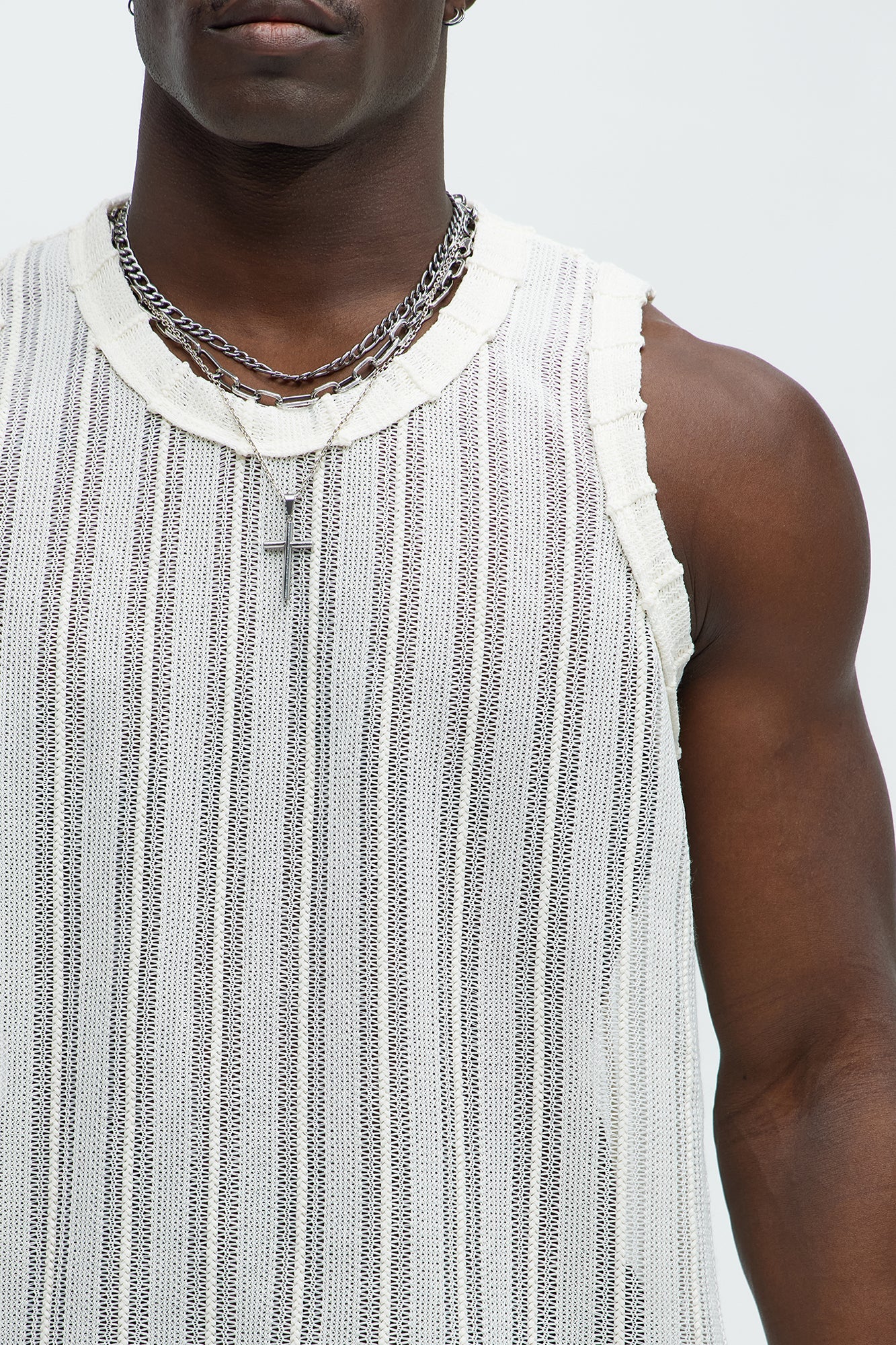 Striped Open Knit Tank - Cream