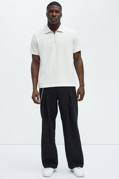 Stripe Texture Quarter Zip Polo Shirt - Off White