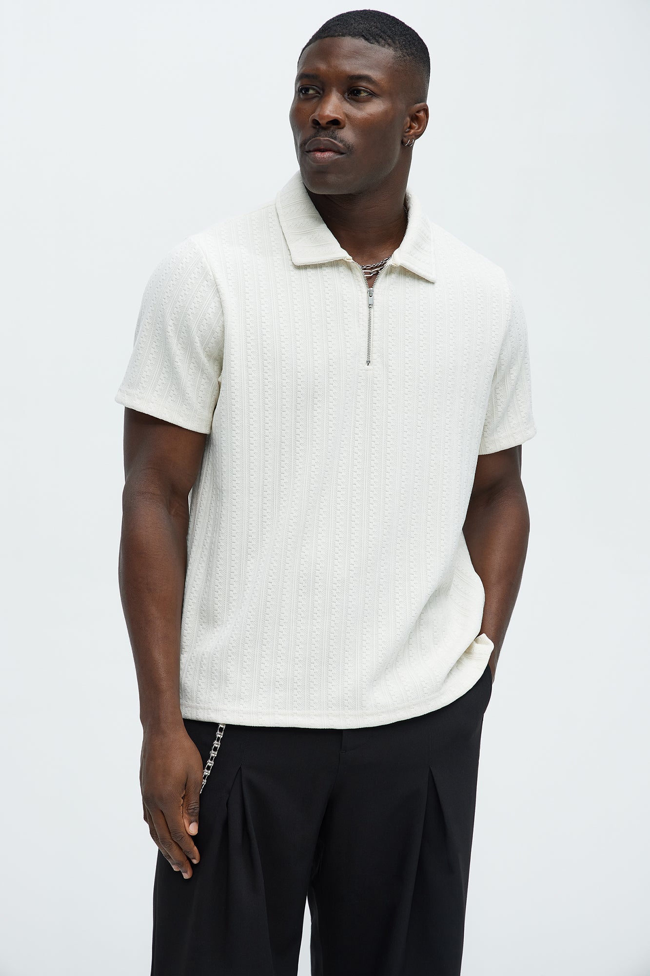 Stripe Texture Quarter Zip Polo Shirt - Off White