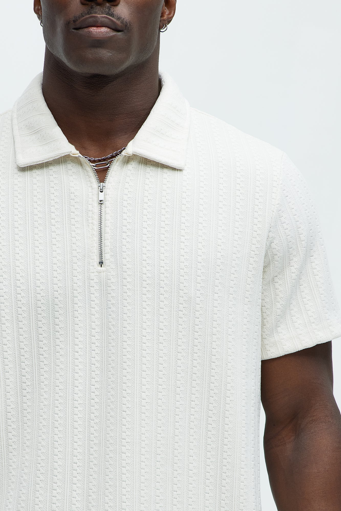 Stripe Texture Quarter Zip Polo Shirt - Off White