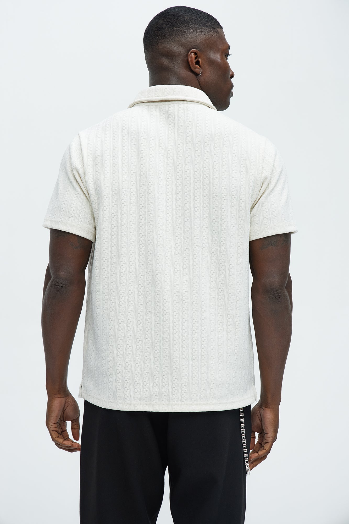 Stripe Texture Quarter Zip Polo Shirt - Off White