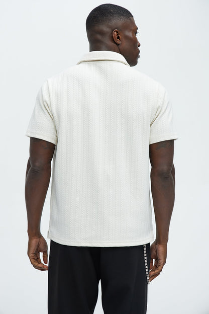 Stripe Texture Quarter Zip Polo Shirt - Off White