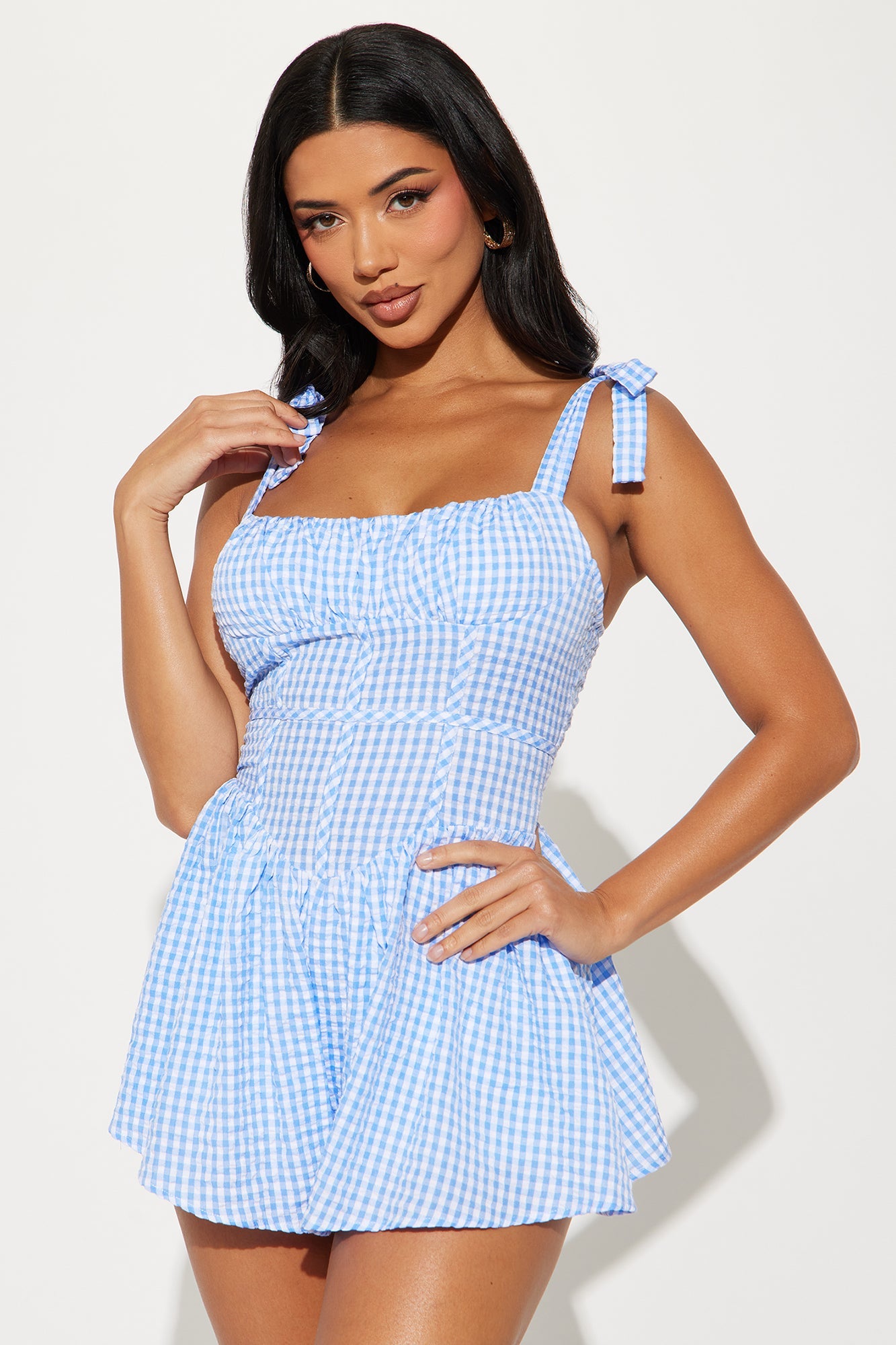 Tracie Gingham Rompers - Light Blue