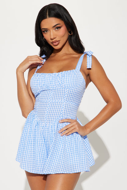 Tracie Gingham Rompers - Light Blue
