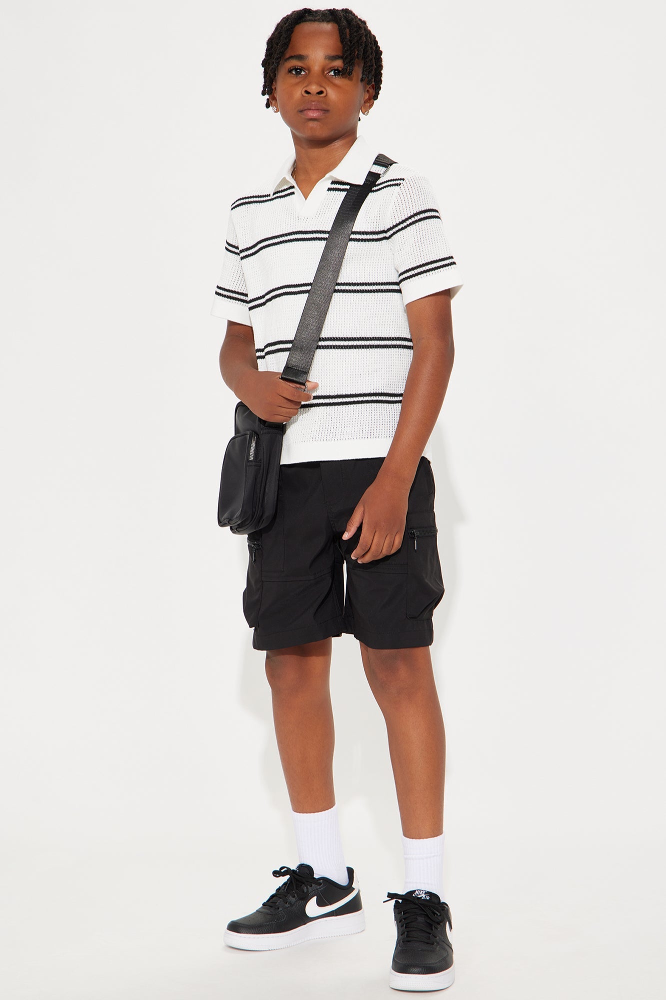 Mini Noel Knitted Striped Johnny Collar Polo - White/combo