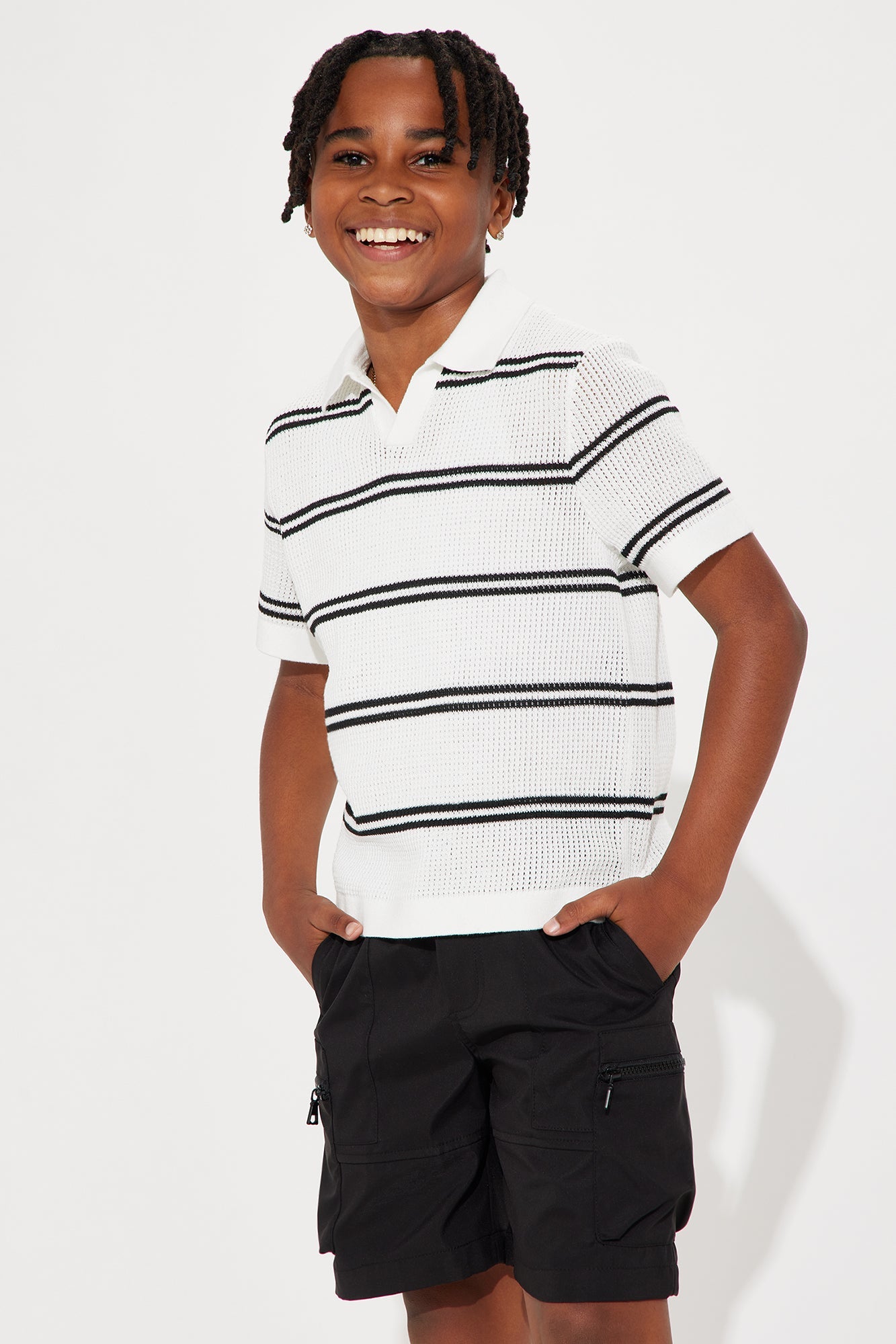 Mini Noel Knitted Striped Johnny Collar Polo - White/combo
