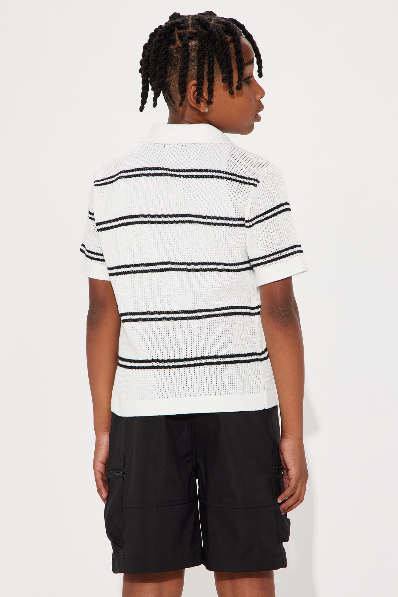 Mini Noel Knitted Striped Johnny Collar Polo - White/combo