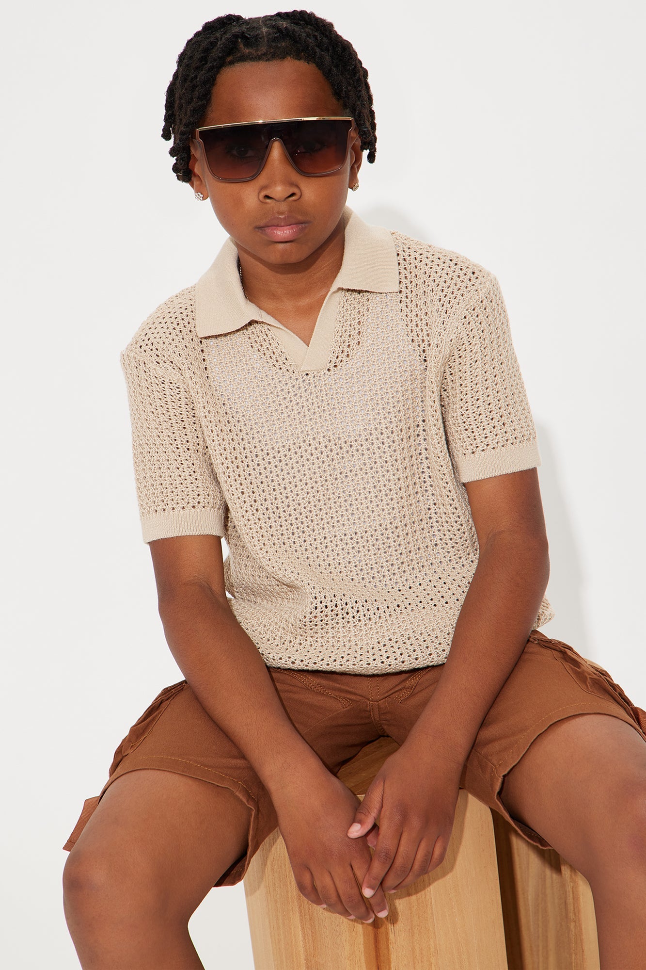 Mini Haven Open Knit Johnny Collar Polo - Tan