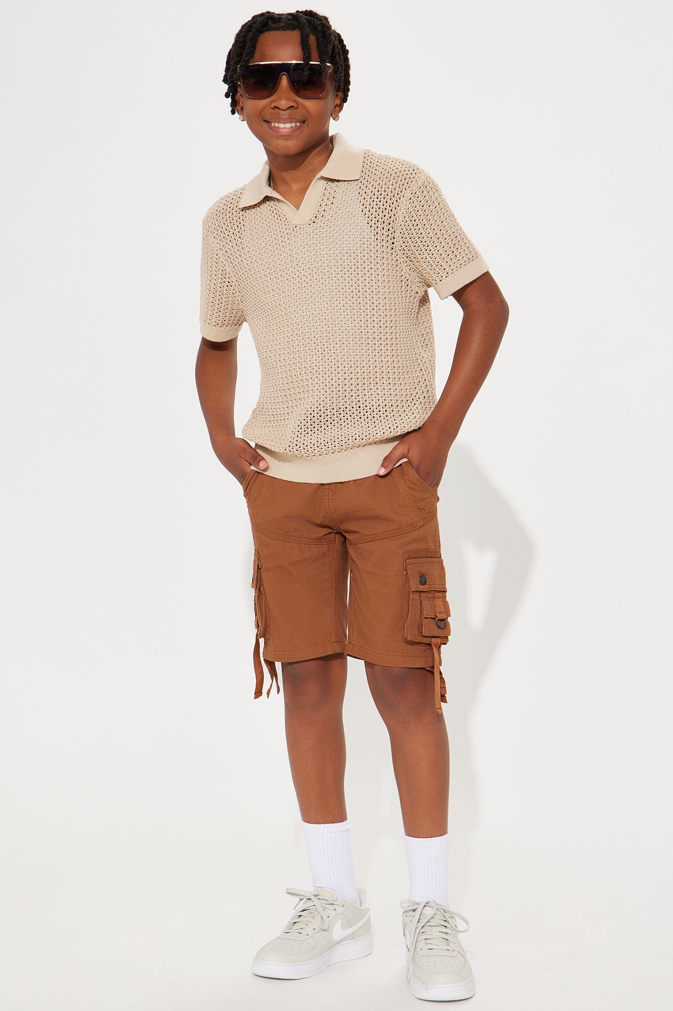 Mini Haven Open Knit Johnny Collar Polo - Tan