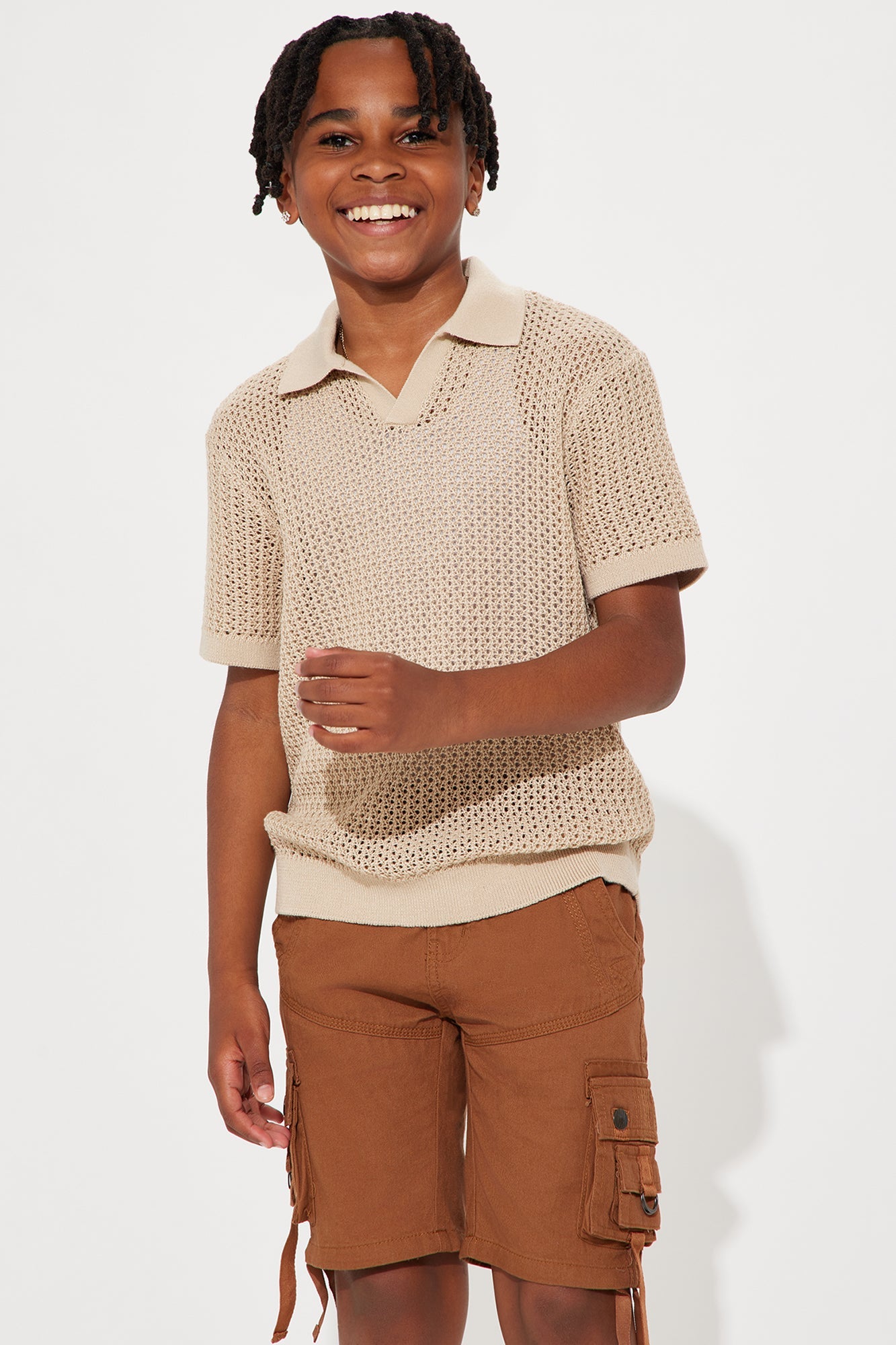 Mini Haven Open Knit Johnny Collar Polo - Tan