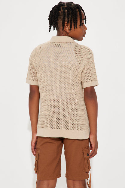 Mini Haven Open Knit Johnny Collar Polo - Tan