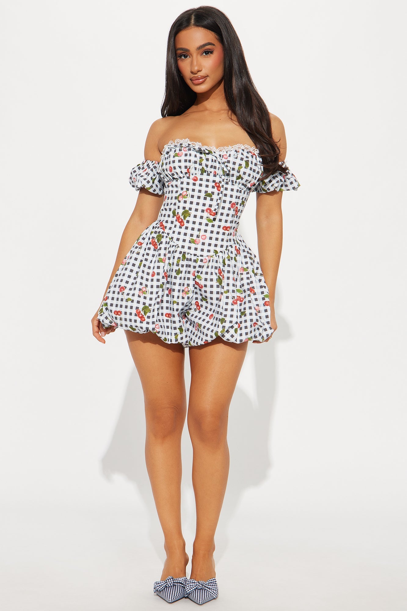 Sweet Cherry Bubble Hem Romper - Black/White