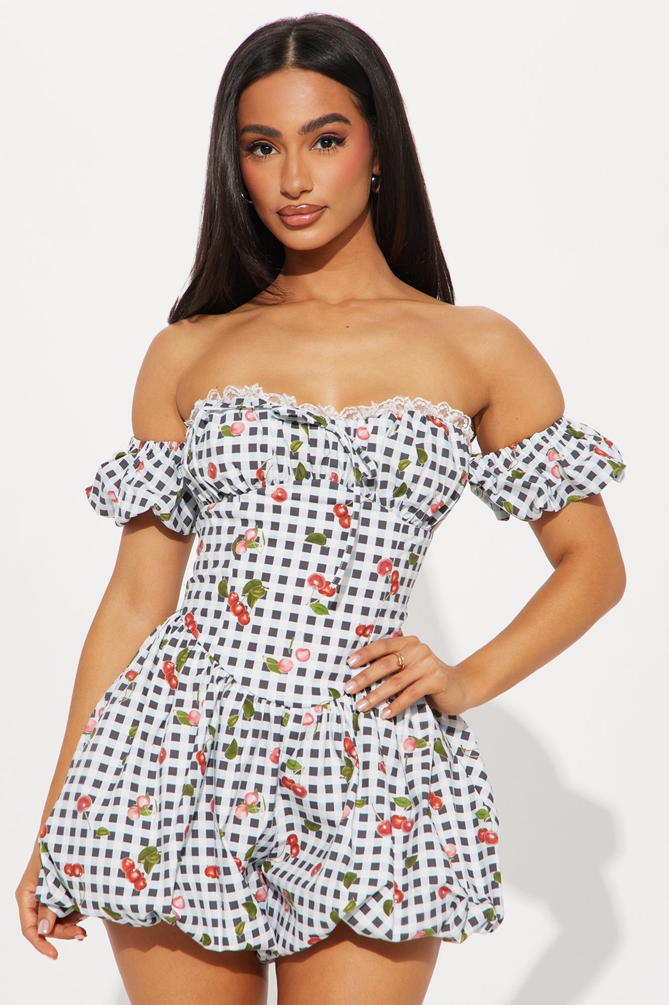 Sweet Cherry Bubble Hem Romper - Black/White