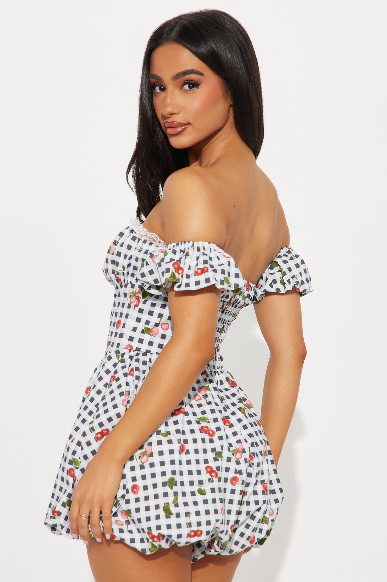 Sweet Cherry Bubble Hem Romper - Black/White