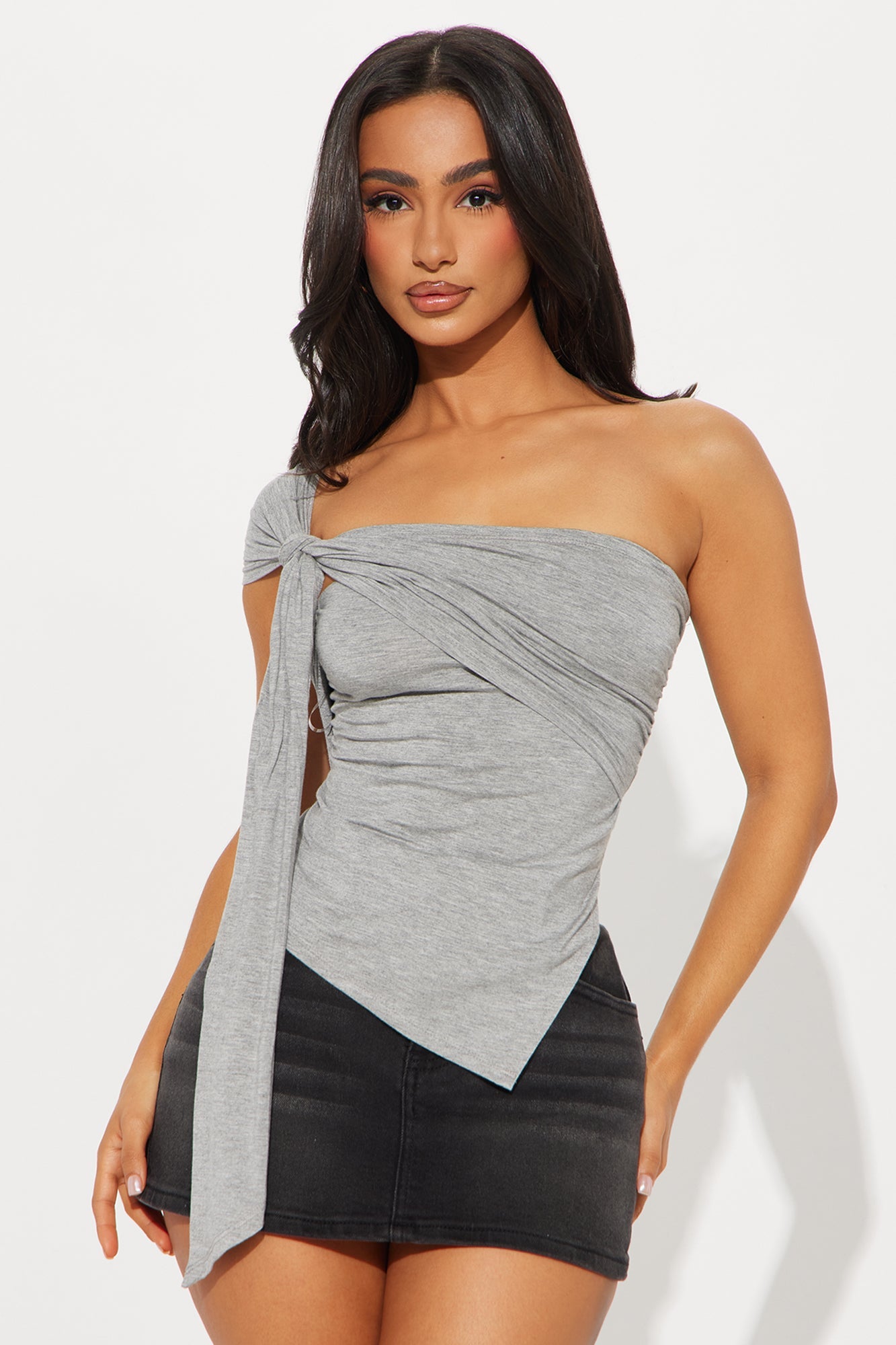 Got You Wishing One Shoulder Top - Heather Grey