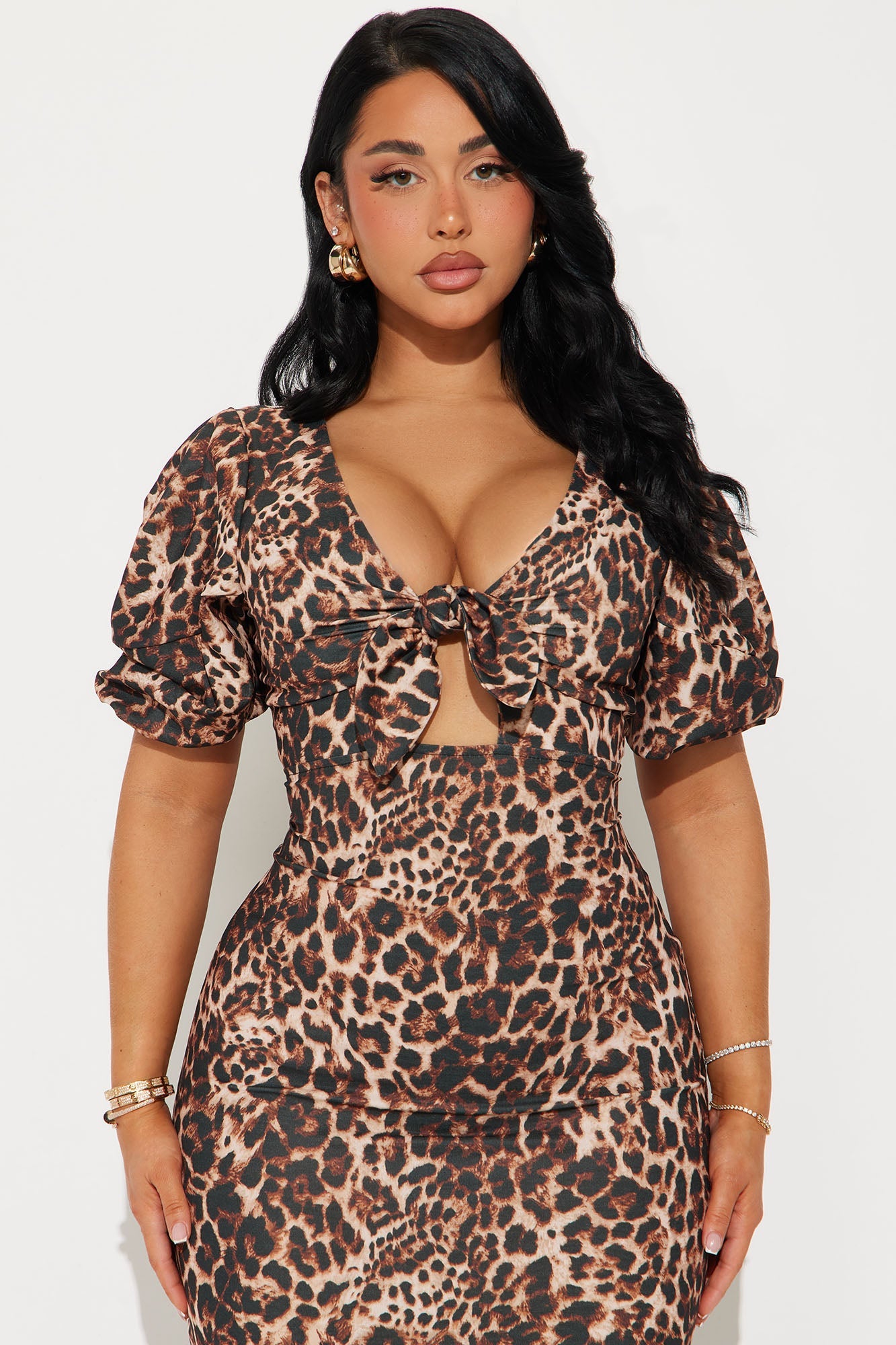 Wanda Puff Sleeve Leopard Midi Dress - Leopard