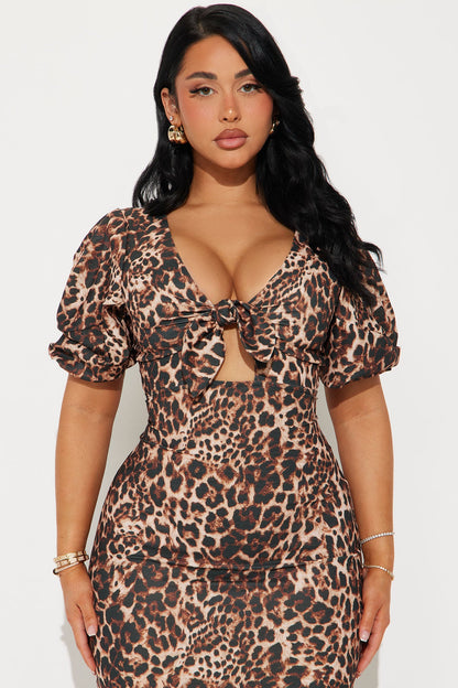 Wanda Puff Sleeve Leopard Midi Dress - Leopard