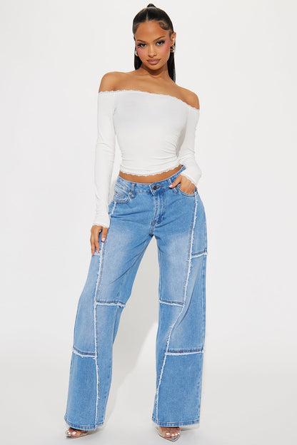 Sorella Non Stretch Frayed Wide Leg Jeans - Medium Wash