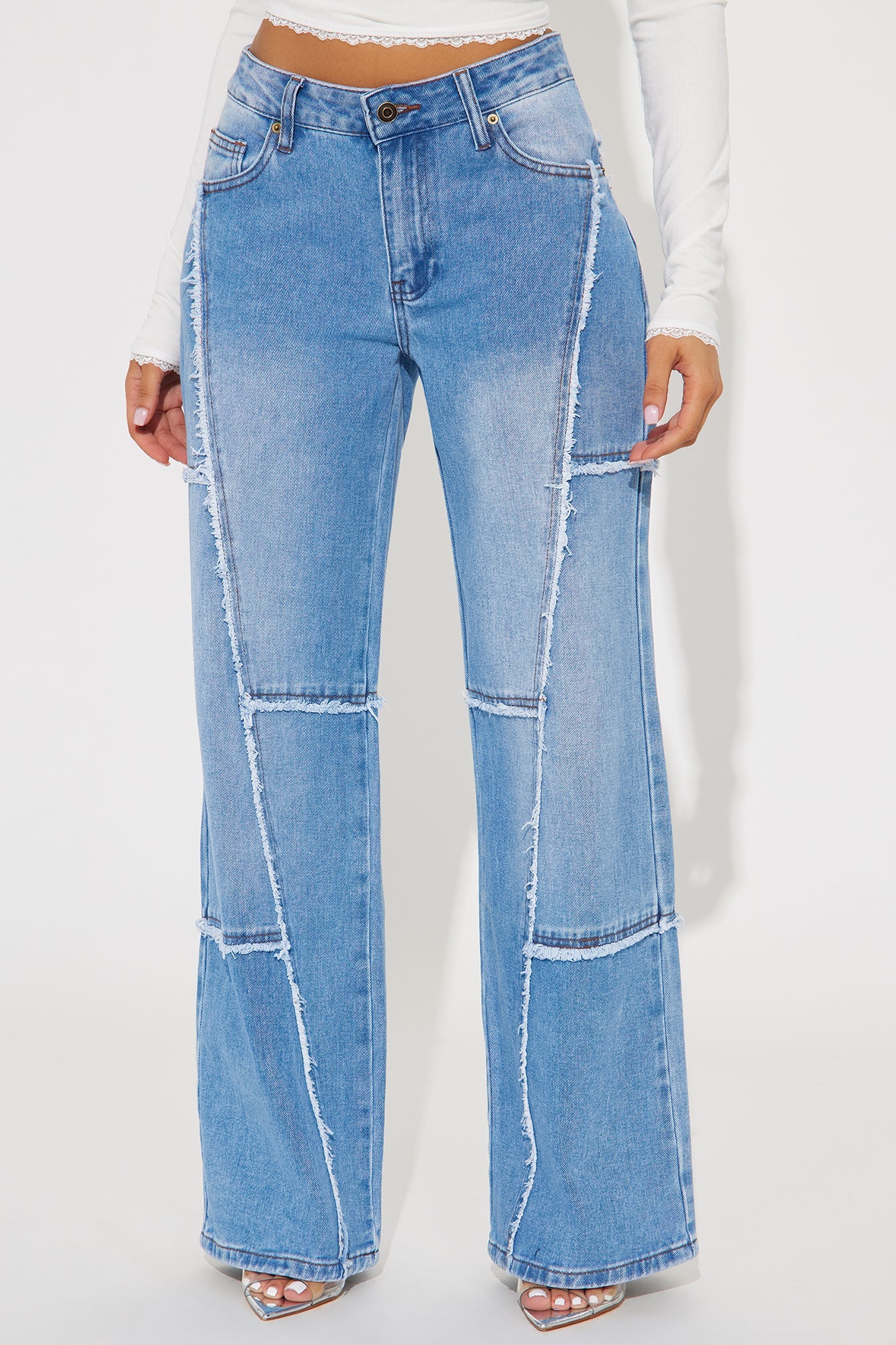 Sorella Non Stretch Frayed Wide Leg Jeans - Medium Wash