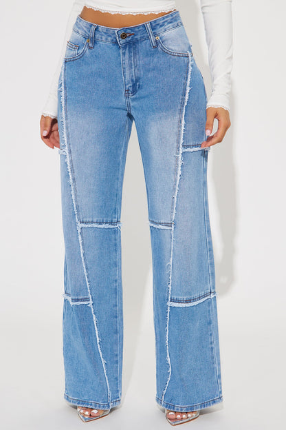 Sorella Non Stretch Frayed Wide Leg Jeans - Medium Wash