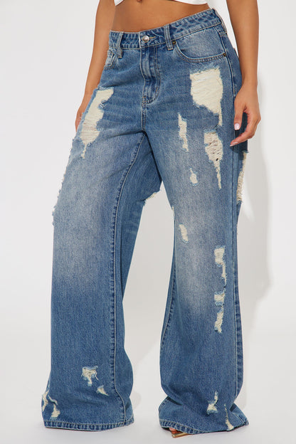 Kirbie Non Stretch Ripped Wide Leg Jean - Medium Wash