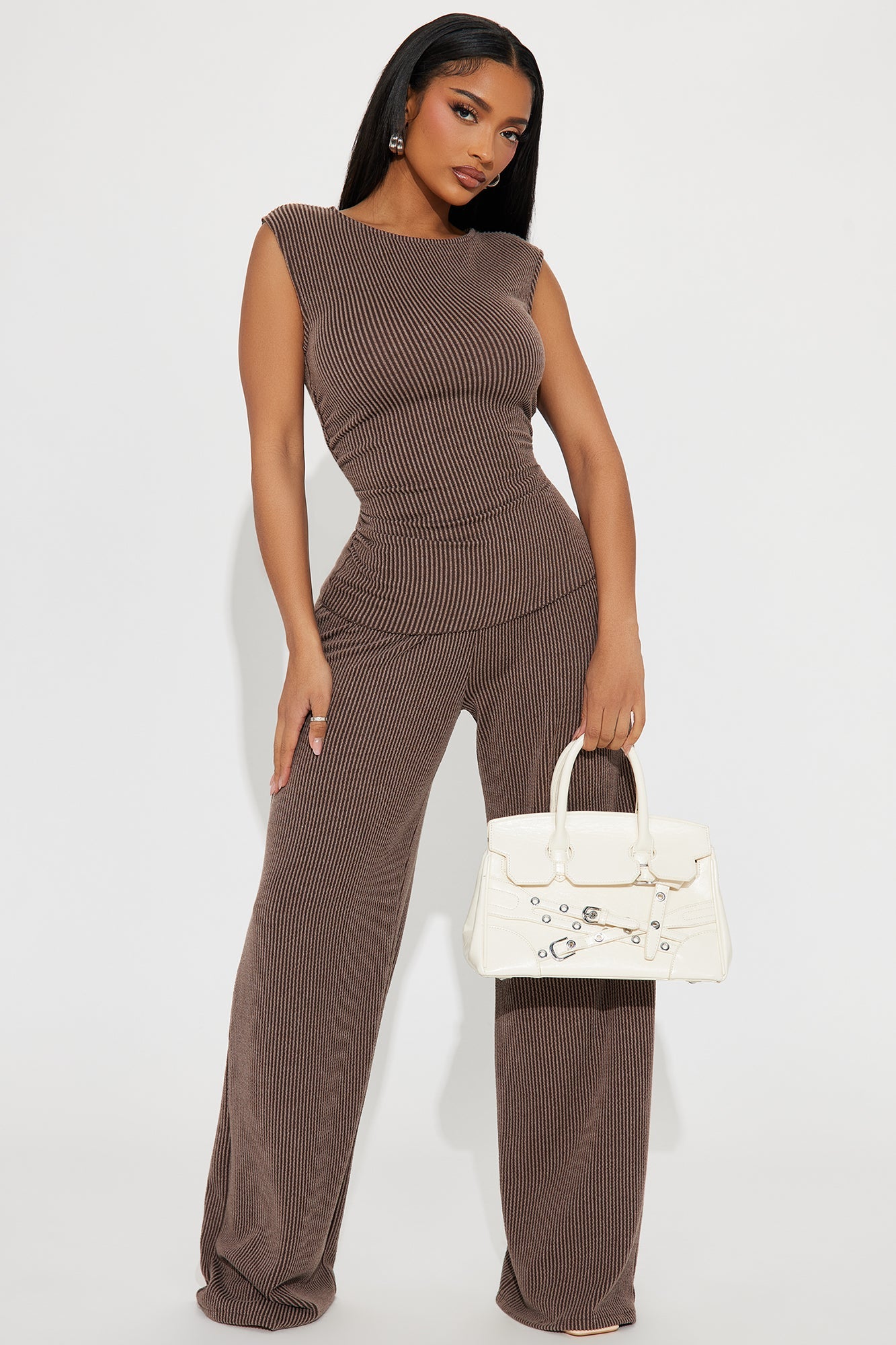 Amaya Ribbed Pant Set - Brown
