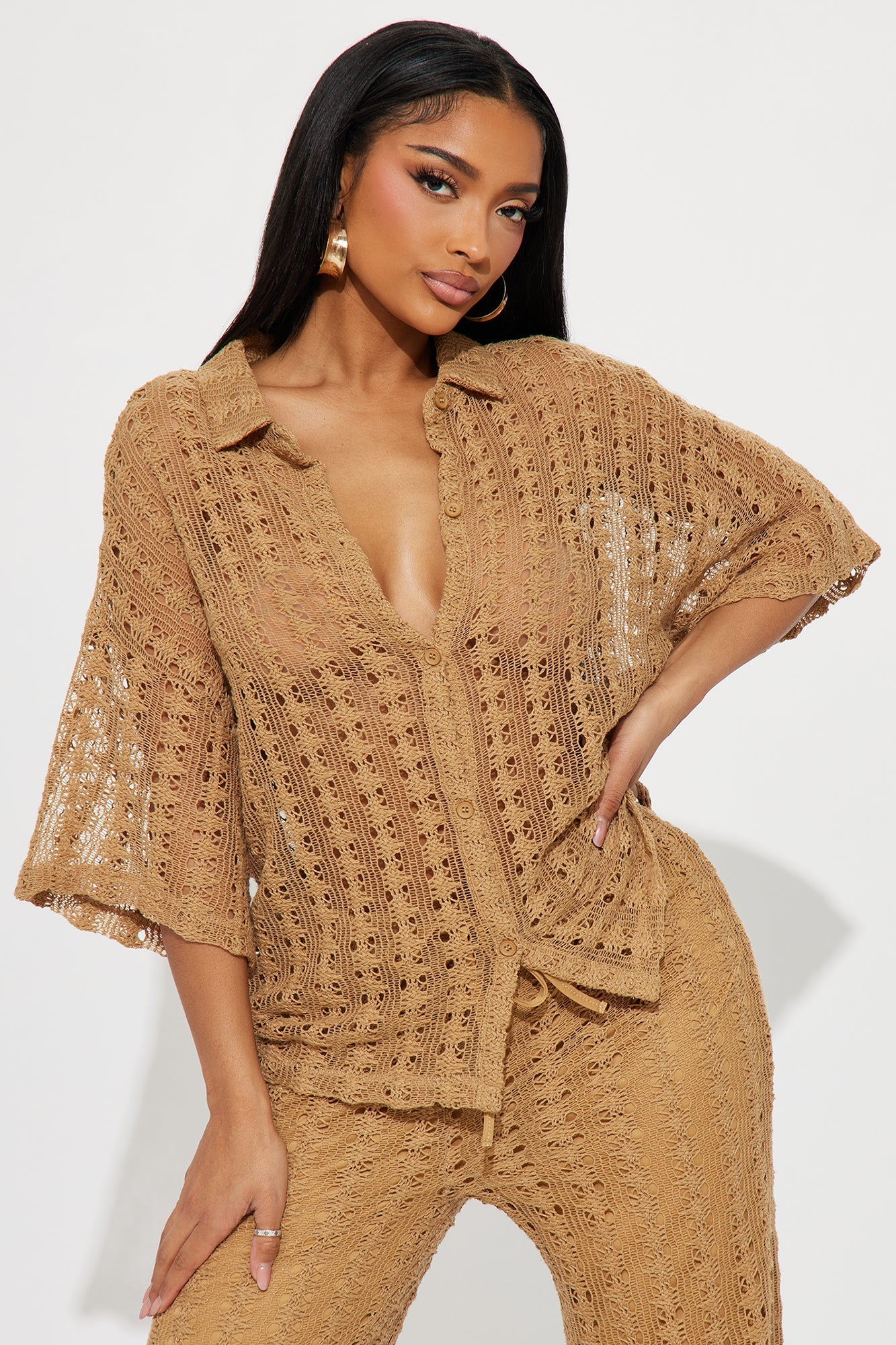 Kara Crochet Pant Set - Taupe