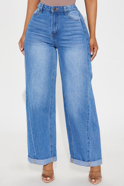 Jinnie Rolled Cuff Barrel Leg Jeans - Medium Wash