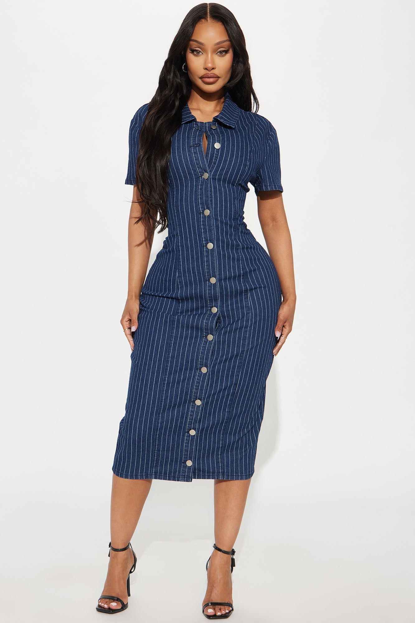 Yemaya Pinstripe Stretch Denim Midi Dress - Dark Wash