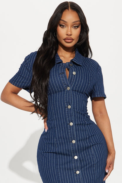 Yemaya Pinstripe Stretch Denim Midi Dress - Dark Wash