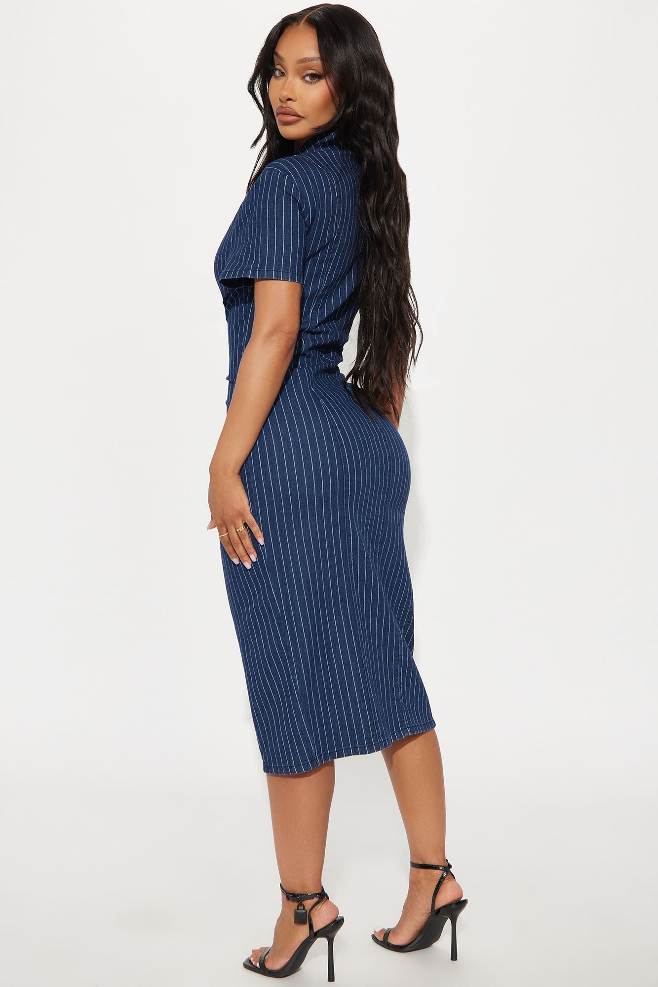 Yemaya Pinstripe Stretch Denim Midi Dress - Dark Wash