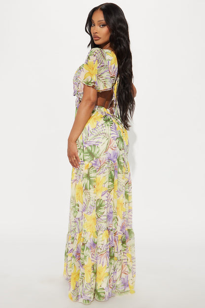 Tropical Chiffon Maxi Dress - Yellow/combo