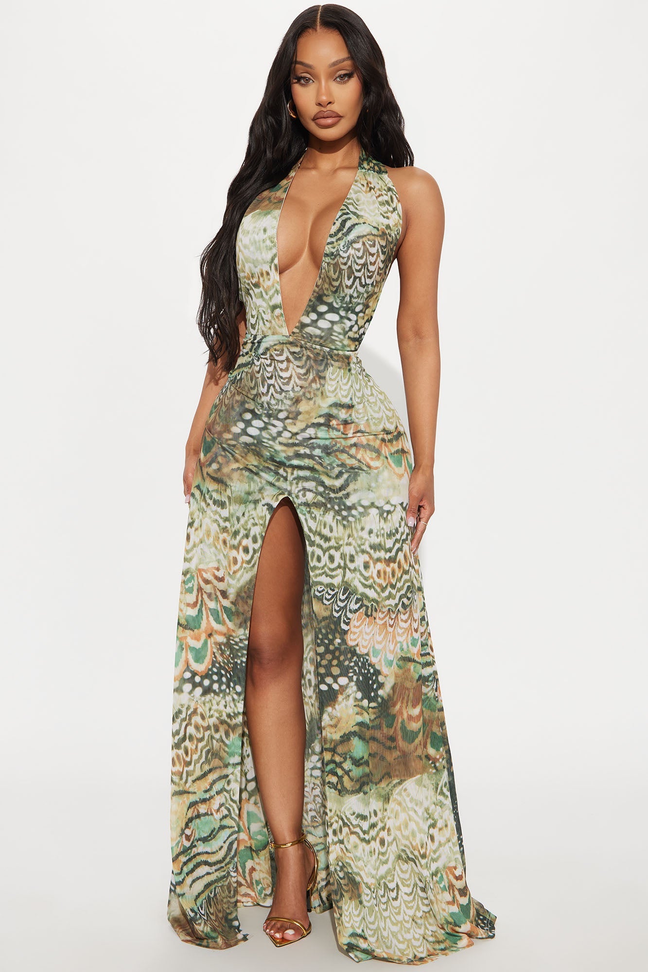 Coachella Valley Mesh Halter Maxi Dress - Olive/combo